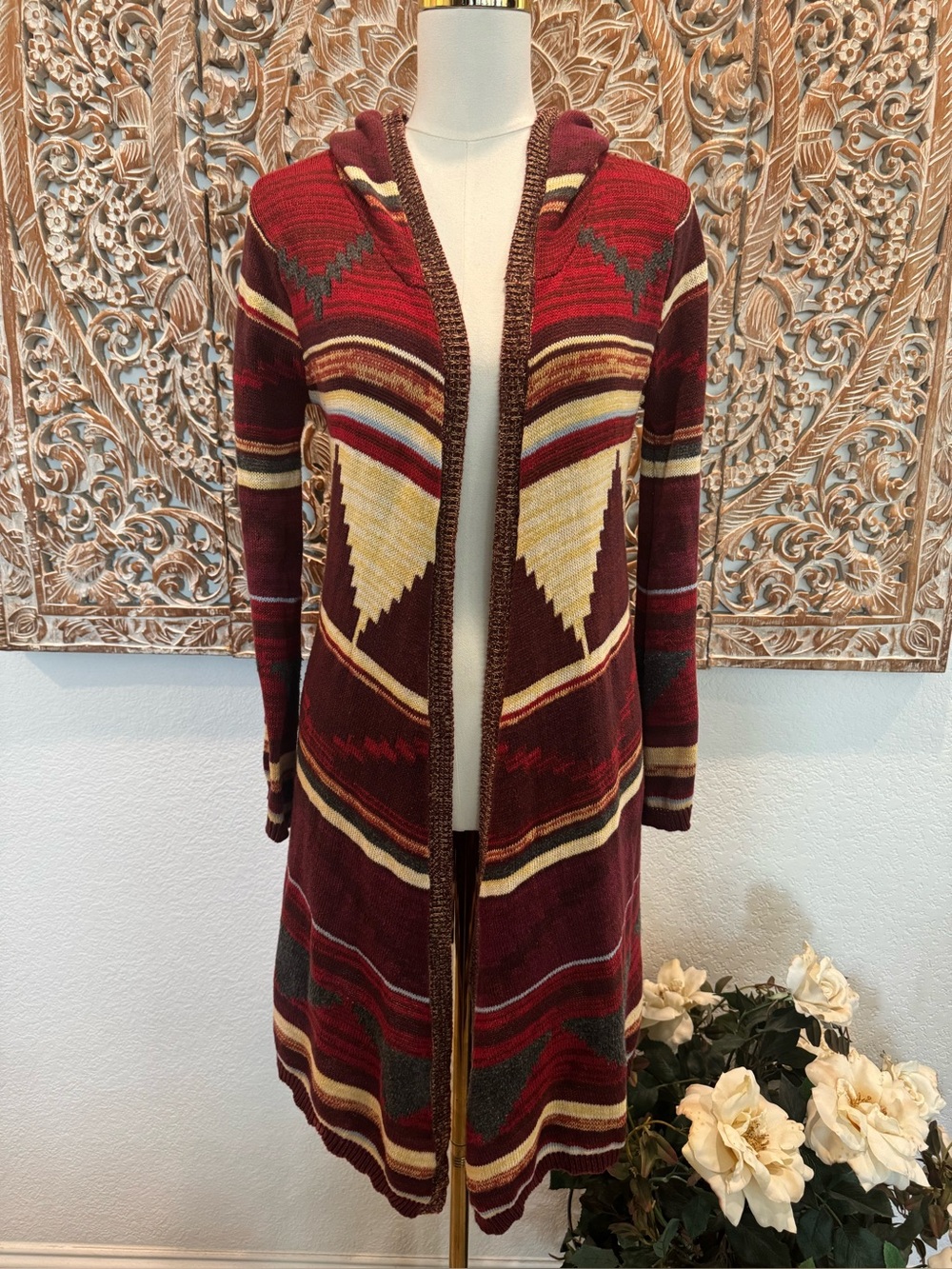 Elan Burgundy Hooded Open Cardigan with Geometric Stripe Pattern
